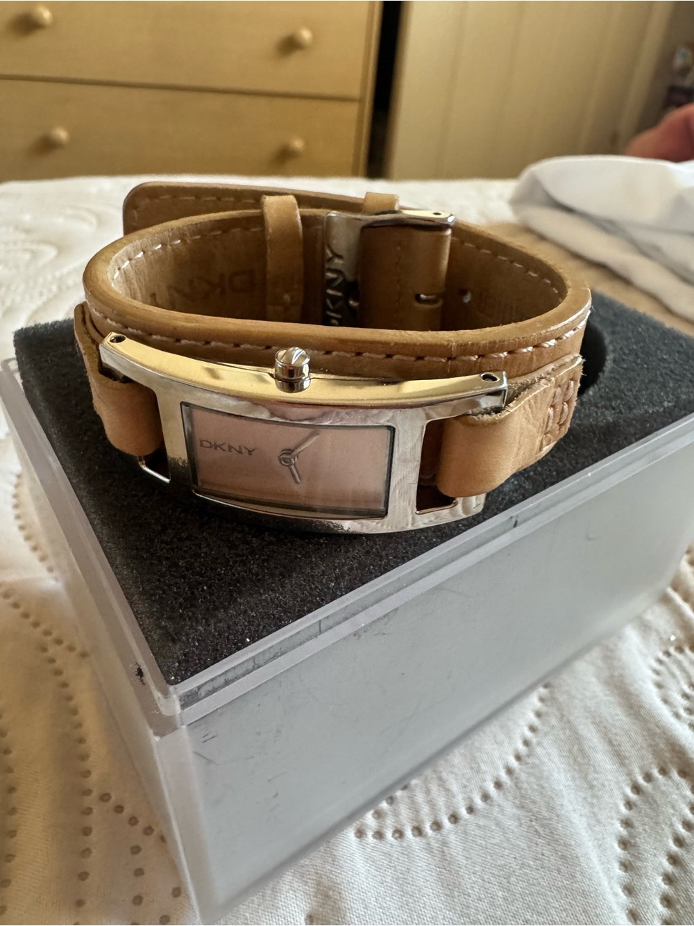 DKNY Tan Leather Wrap Bracelet Watch with Silver-Tone Case